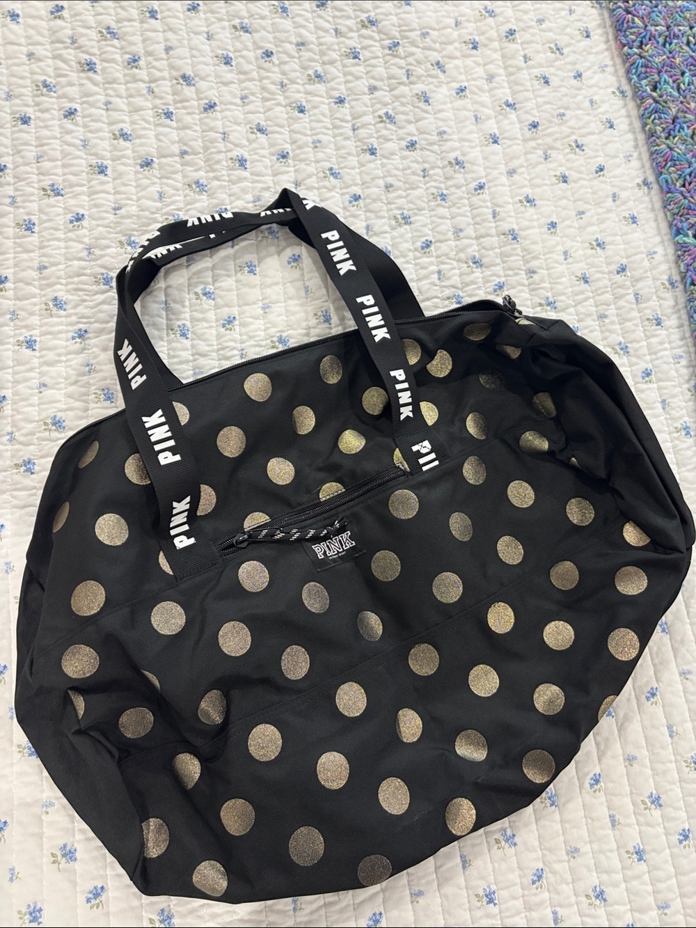 PINK Victoria's Secret Black Tote with Gold Polka Dots